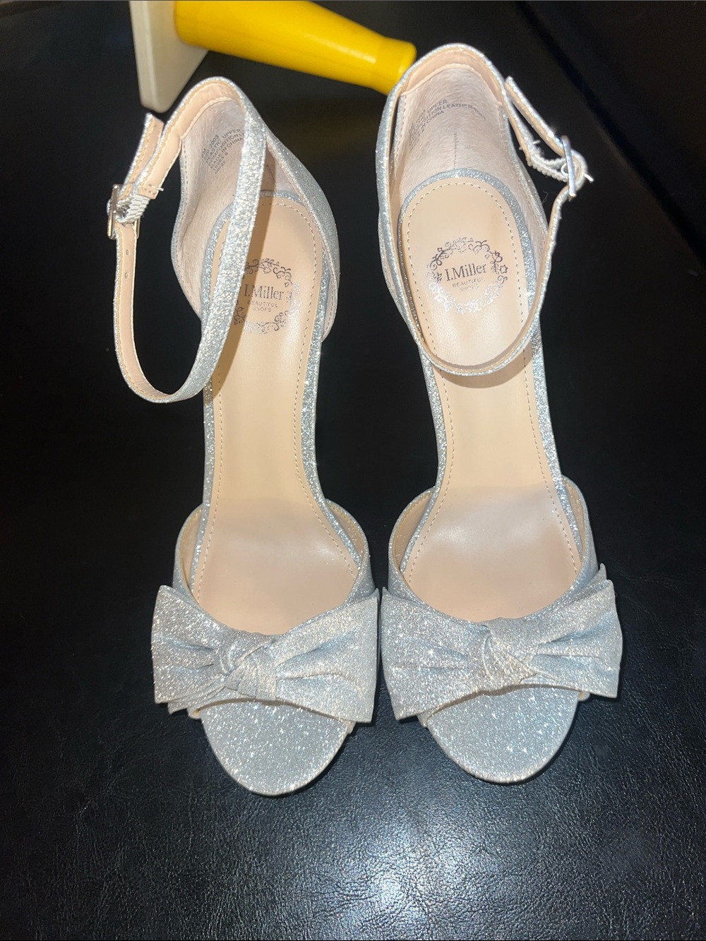 Sparkling Silver Bow Ankle-Strap Heels by